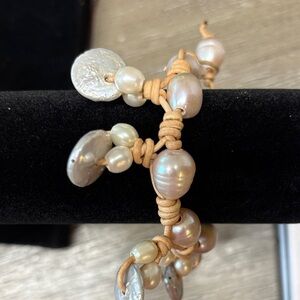 Freshwater Pearl and Tan Leather Knotted Bracelet